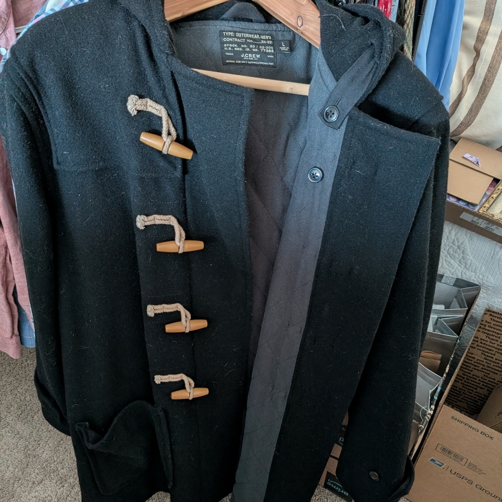 J. Crew Mens Black Wool Duffle Coat Hooded Toggle Jacket Size Large - Picture 3 of 5